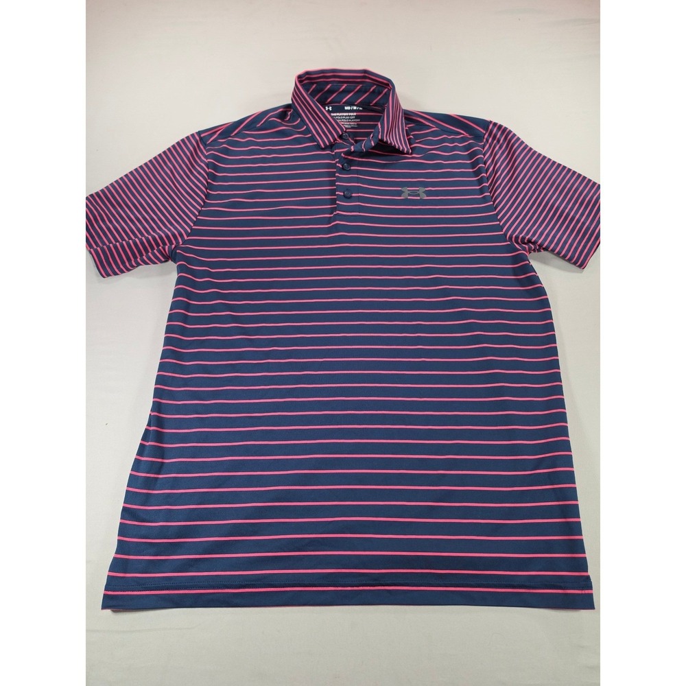 Under Armour Playoff Polo Mens Medium Navy Blue Pink Striped Short Sleeve Shirt